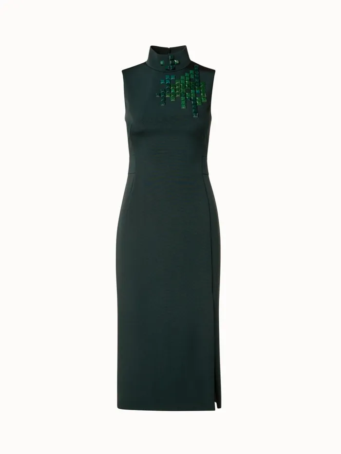 Silk Stretch Crpe Sheath Dress With Daffodils Stone Embellishment Moss Women Akris Dresses
