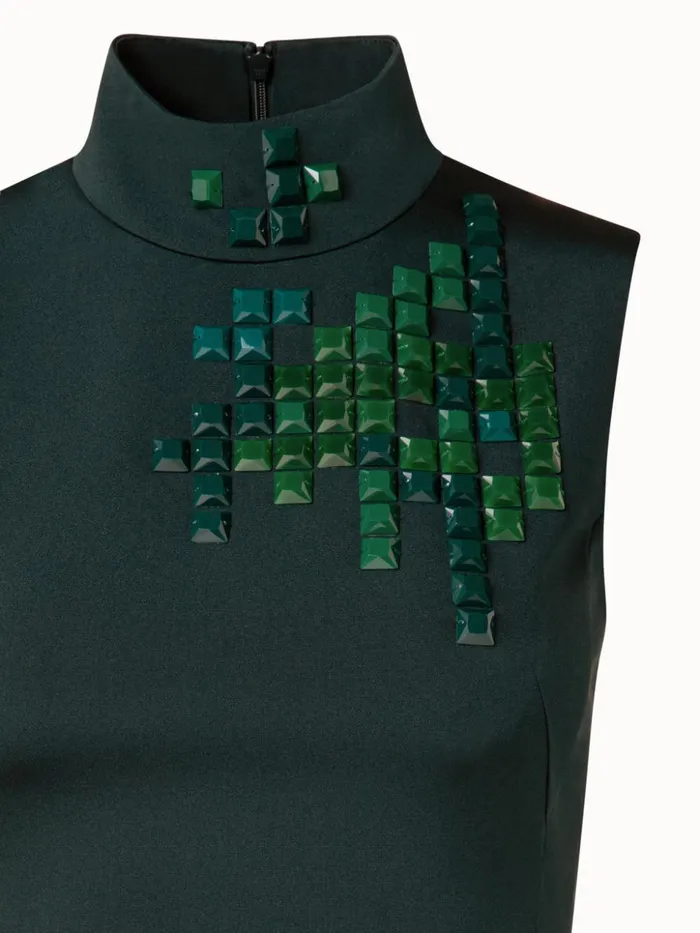 Silk Stretch Crpe Sheath Dress With Daffodils Stone Embellishment Moss Women Akris Dresses