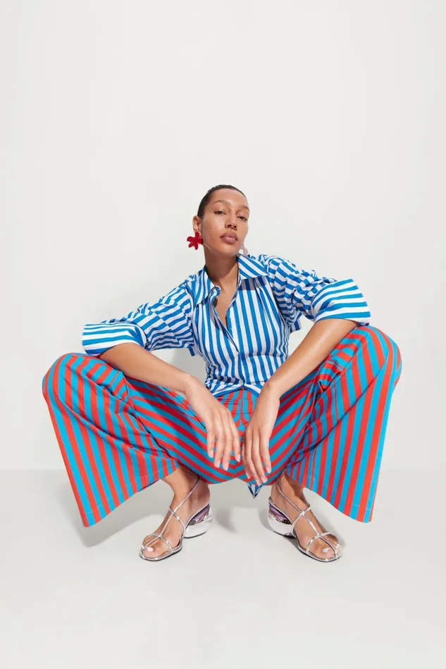 Simon Miller Bottoms Pia Striped Poplin Pant In BluePaprika Stripe Cotton 8211 Women Simon Miller Bottoms Pia Striped Poplin Pant In BluePaprika Stripe Cotton 8211 Women