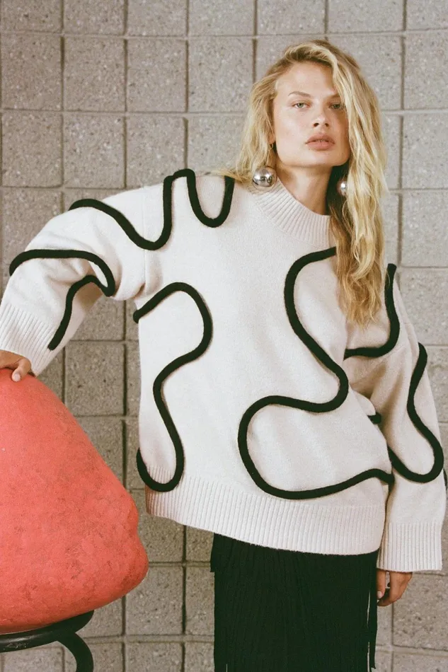 Simon Miller Sweaters Simon Miller Leith Squiggle Knit Sweater In CreamBlack 8211 Women