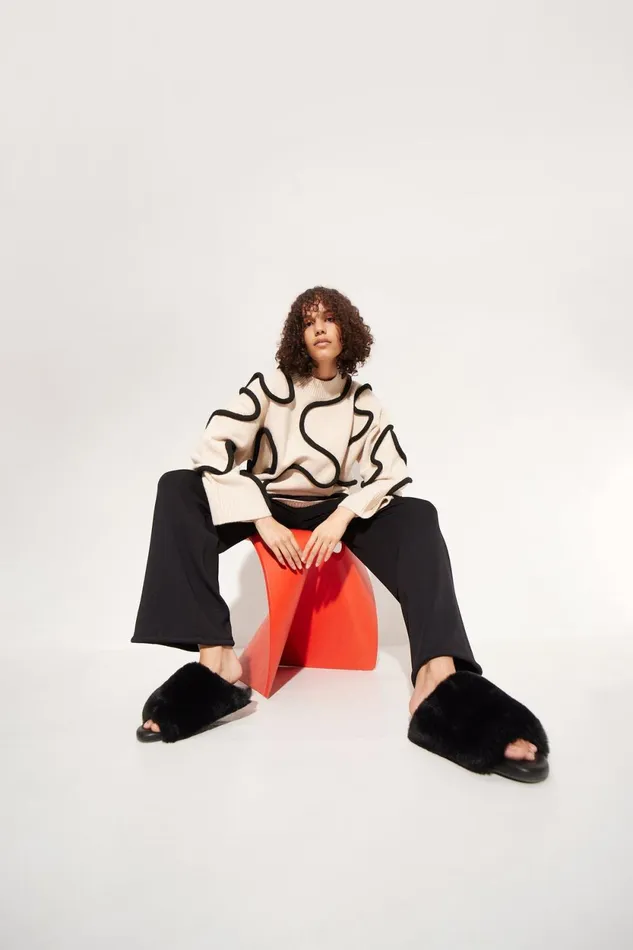 Simon Miller Sweaters Simon Miller Leith Squiggle Knit Sweater In CreamBlack 8211 Women