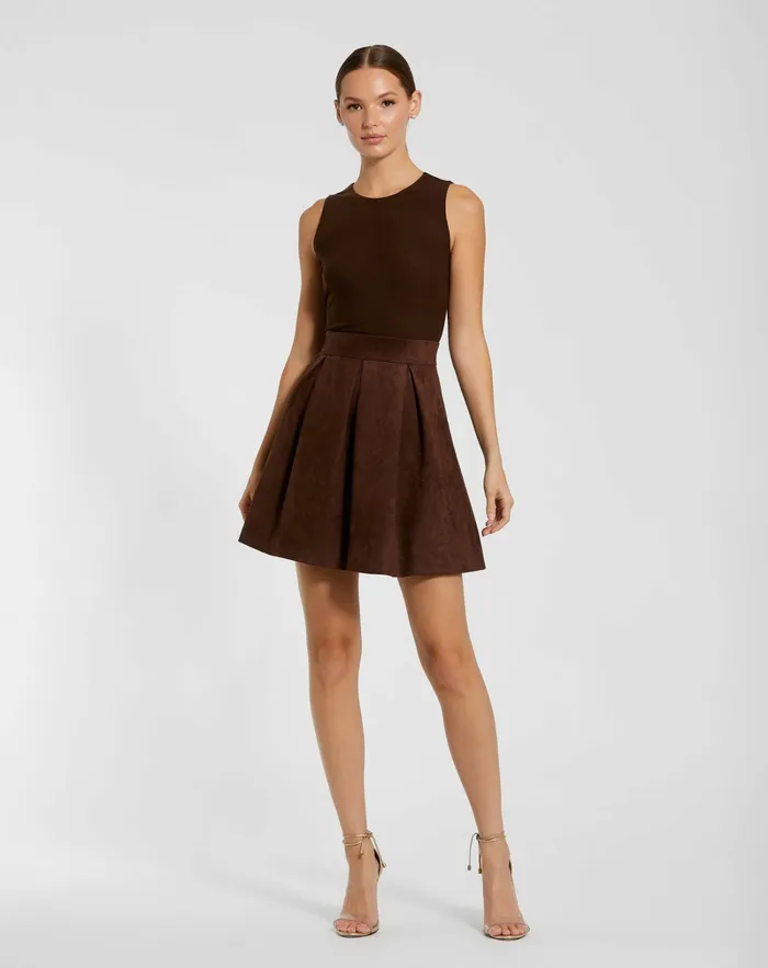 Sleeveless Mesh And Suede A Line Mini Dress Chocolate Daytime Dresses Mac Duggal Women