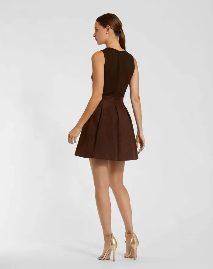 Sleeveless Mesh And Suede A Line Mini Dress Chocolate Daytime Dresses Mac Duggal Women Sleeveless Mesh And Suede A Line Mini Dress Chocolate Daytime Dresses Mac Duggal Women