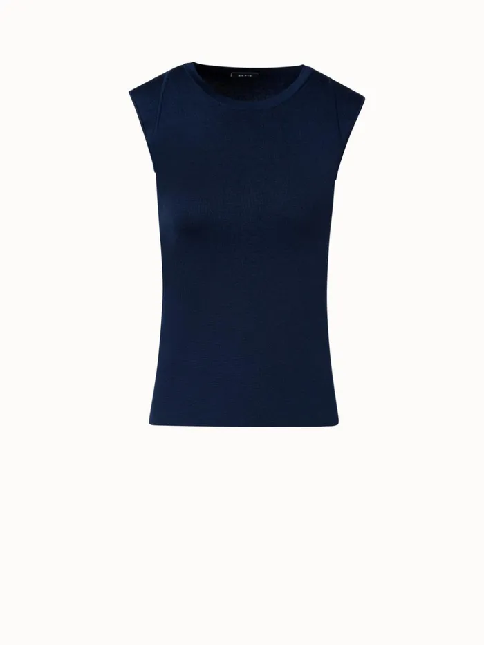 Sleeveless Silk Stretch Knit Top With Crew Neck Denim Women Akris Knitwear