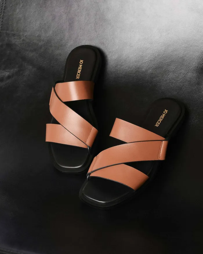 SLIDES jomercer Women Shelby flat slides dark tan leather