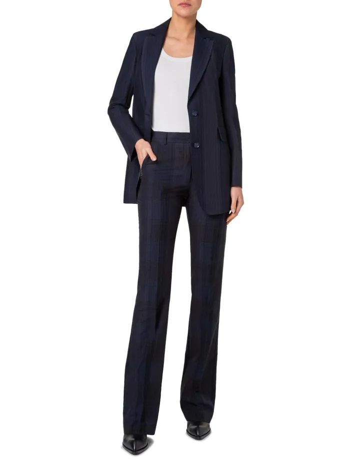 Slight Bootcut Pants In Silk Cotton Seersucker Navy Women Akris Pants