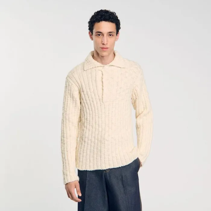 Sweaters and Cardigans Men SANDRO Chunky Knit Polo Neck Jumper Beige