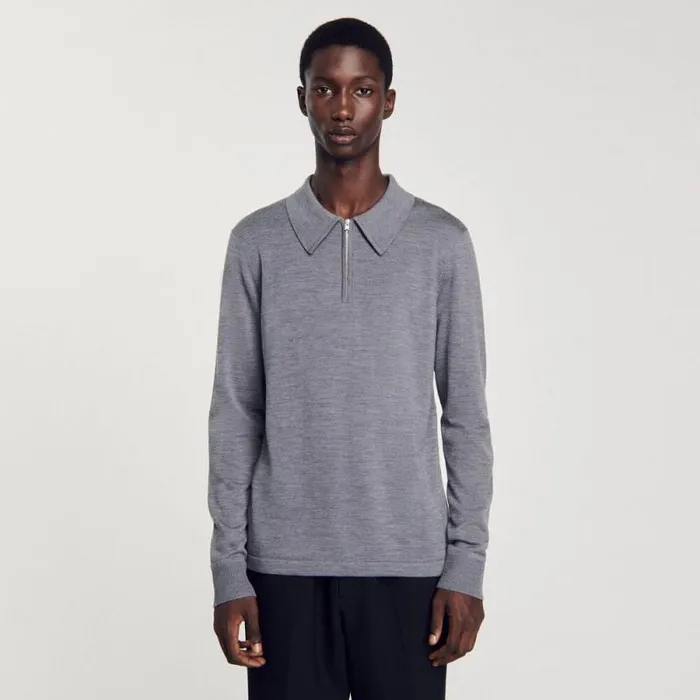 Sweaters and Cardigans Men SANDRO Knitted Polo Sweater Mocked Grey