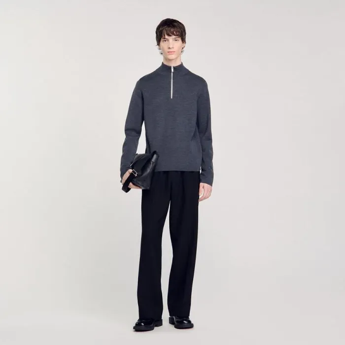 Sweaters and Cardigans Men SANDRO Wool Sweater With Zipped Collar Mocked Grey