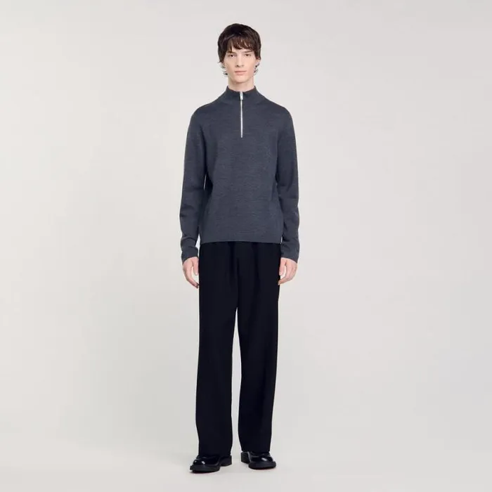 Sweaters and Cardigans Men SANDRO Wool Sweater With Zipped Collar Mocked Grey