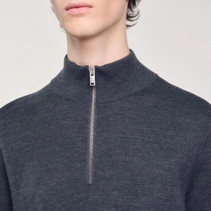 Sweaters and Cardigans Men SANDRO Wool Sweater With Zipped Collar Mocked Grey