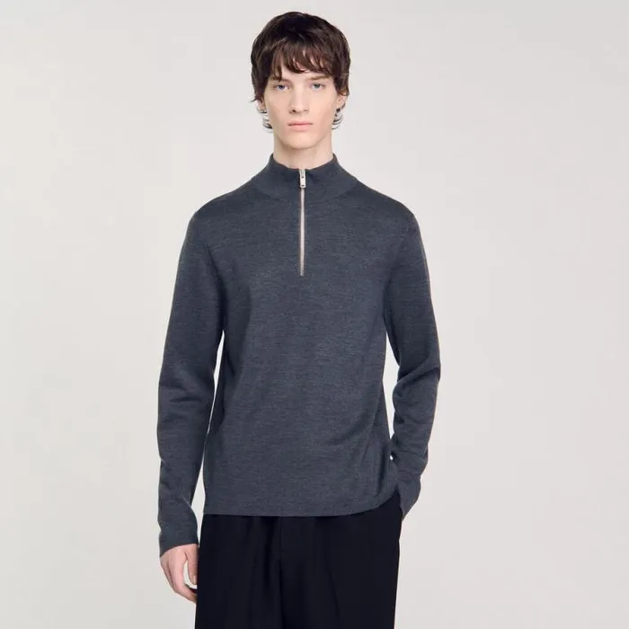 Sweaters and Cardigans Men SANDRO Wool Sweater With Zipped Collar Mocked Grey