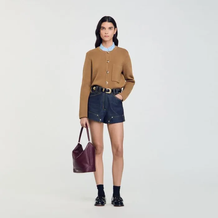 Sweaters and Cardigans Women SANDRO Knit Cardigan With Detachable Collar Camel