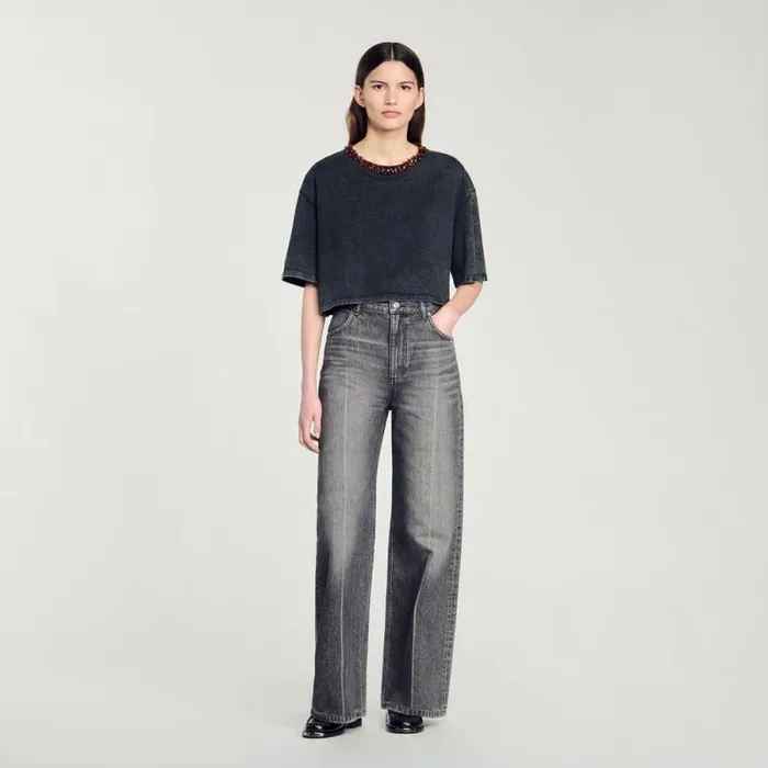 Tshirts Women SANDRO Cropped Beaded Tshirt Black