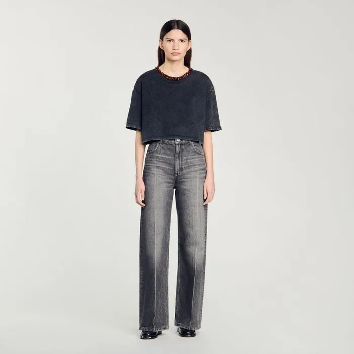 Tshirts Women SANDRO Cropped Beaded Tshirt Black