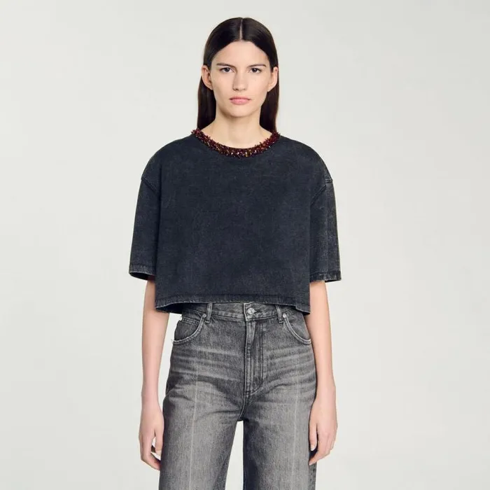 Tshirts Women SANDRO Cropped Beaded Tshirt Black