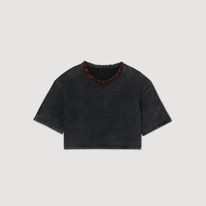 Tshirts Women SANDRO Cropped Beaded Tshirt Black