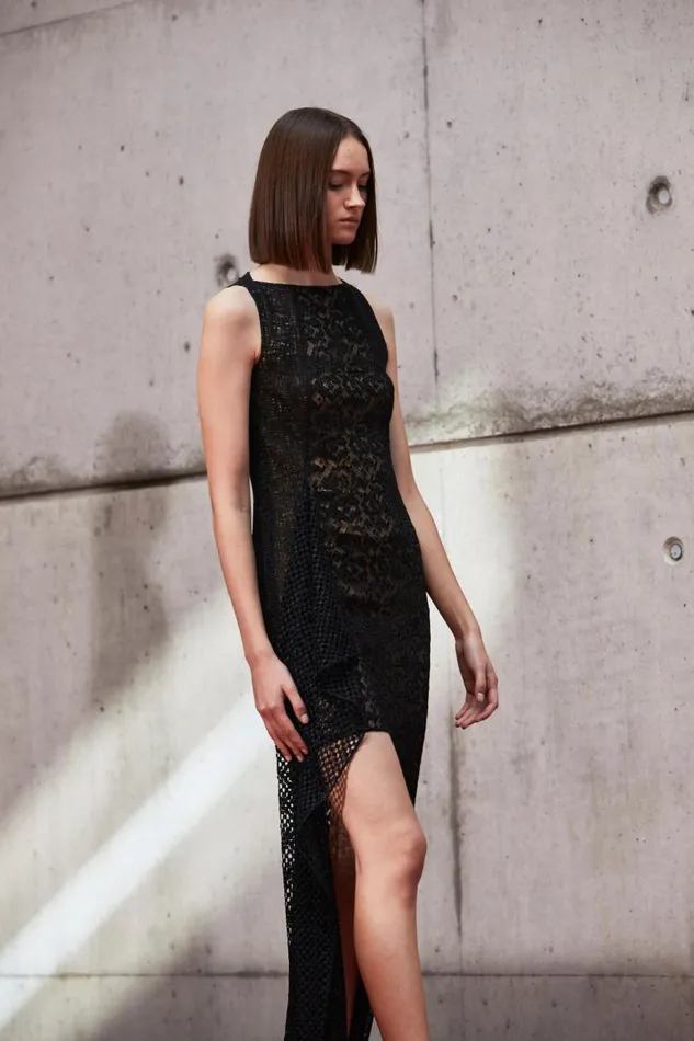 Techno Embroidery Patchwork Apron Gown Black Women Akris Dresses