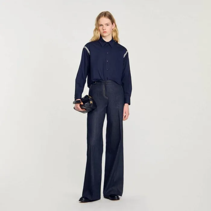 Tops and Shirts Women SANDRO Denim Shirt With Rhinestones Navy Blue