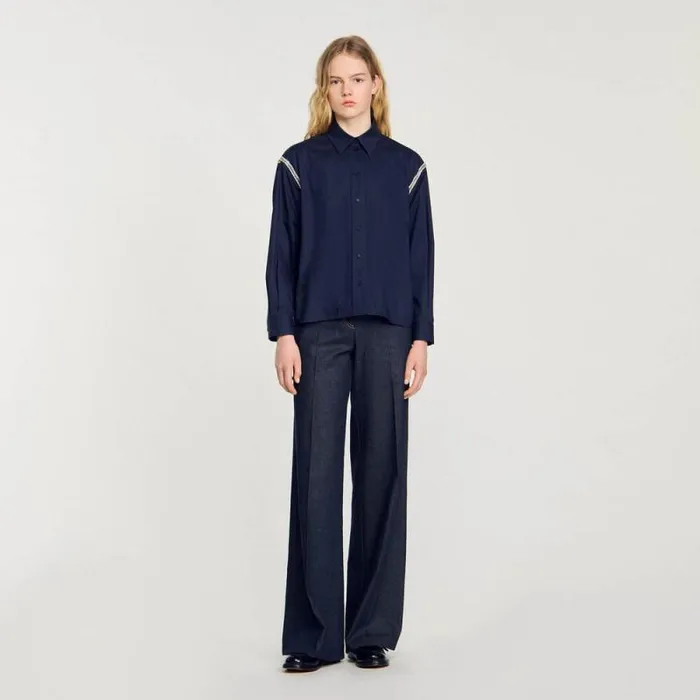 Tops and Shirts Women SANDRO Denim Shirt With Rhinestones Navy Blue