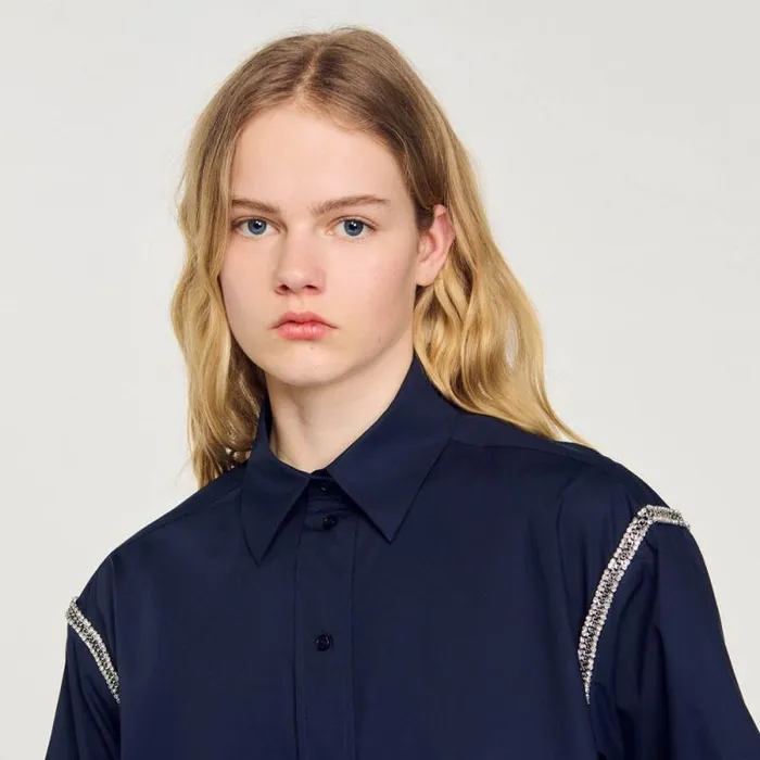 Tops and Shirts Women SANDRO Denim Shirt With Rhinestones Navy Blue