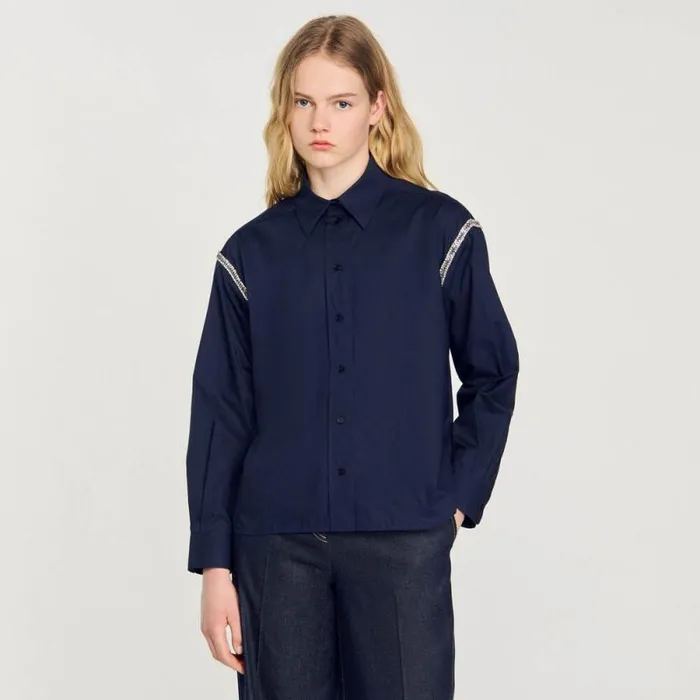 Tops and Shirts Women SANDRO Denim Shirt With Rhinestones Navy Blue