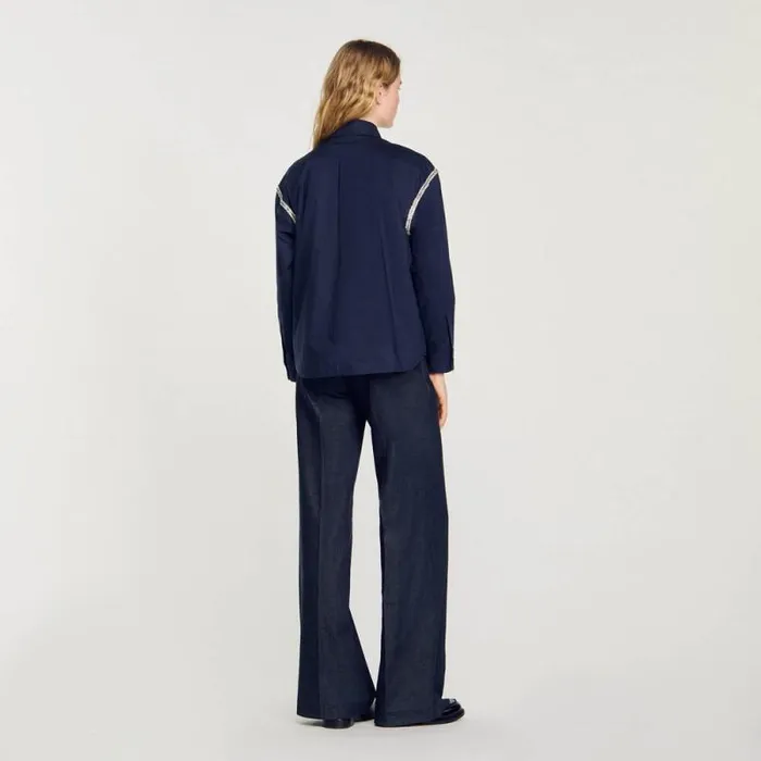Tops and Shirts Women SANDRO Denim Shirt With Rhinestones Navy Blue
