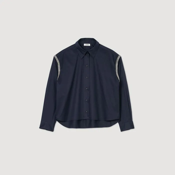 Tops and Shirts Women SANDRO Denim Shirt With Rhinestones Navy Blue