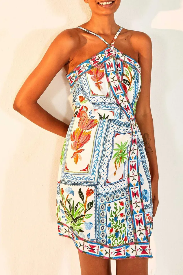 Tropical Tiles Embroidered Mini Dress Women Farm Rio Mini Dresses