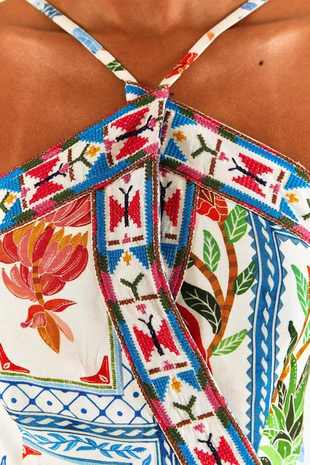Tropical Tiles Embroidered Mini Dress Women Farm Rio Mini Dresses