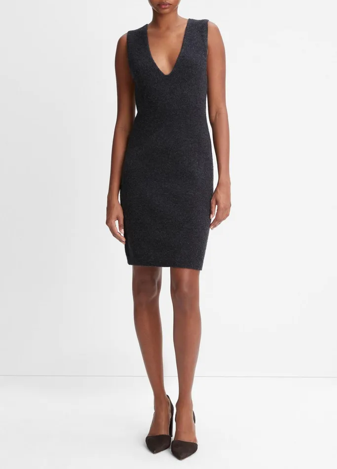 Vince Dresses Women Deep VNeck Sweater Dress Heather Charcoal