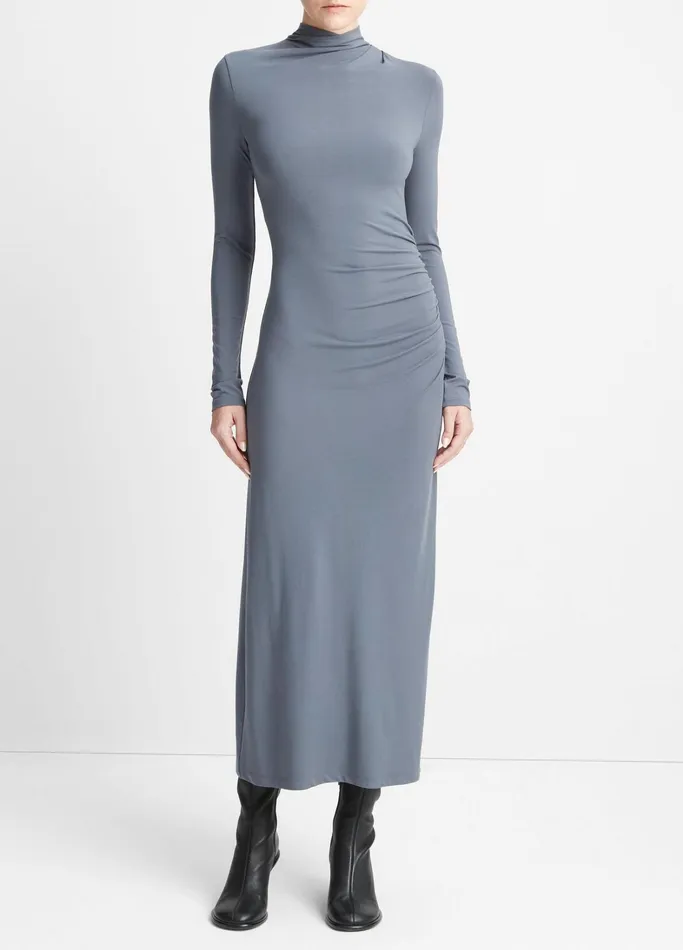 Vince Dresses Women Ruched LongSleeve Turtleneck Dress Pacific Azure