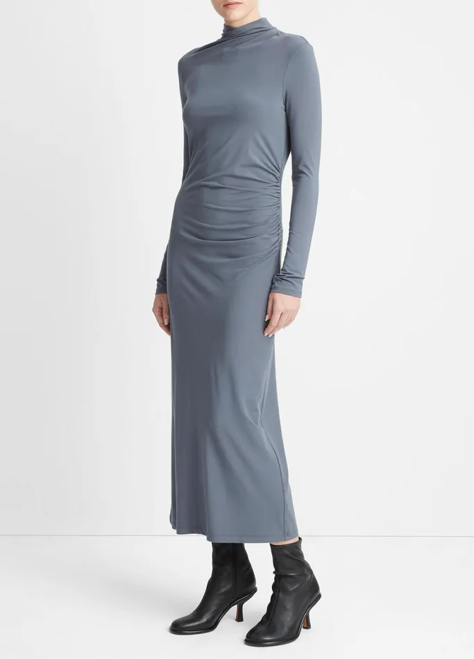 Vince Dresses Women Ruched LongSleeve Turtleneck Dress Pacific Azure