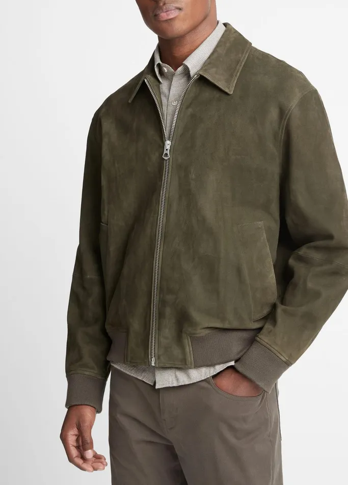 Vince Jackets and Outerwear Men Suede Bomber Jacket Dark Carrillo Green