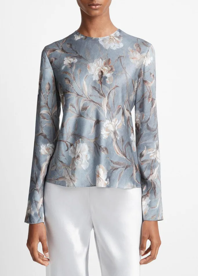 Vince Shirts and Tops Women Night Carnation Silk Bias Crew Neck Blouse Iris Smoke