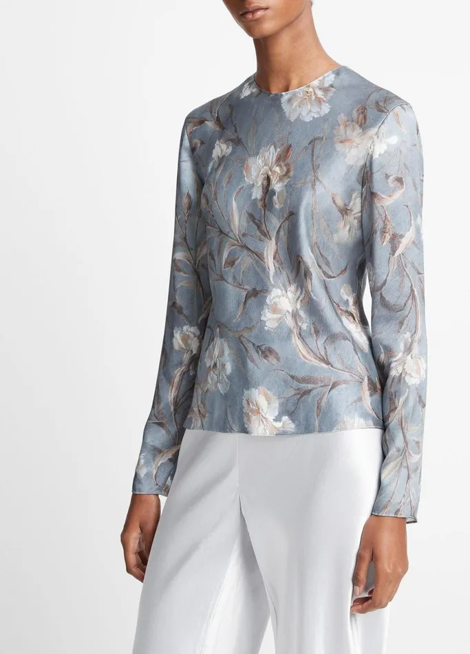 Vince Shirts and Tops Women Night Carnation Silk Bias Crew Neck Blouse Iris Smoke
