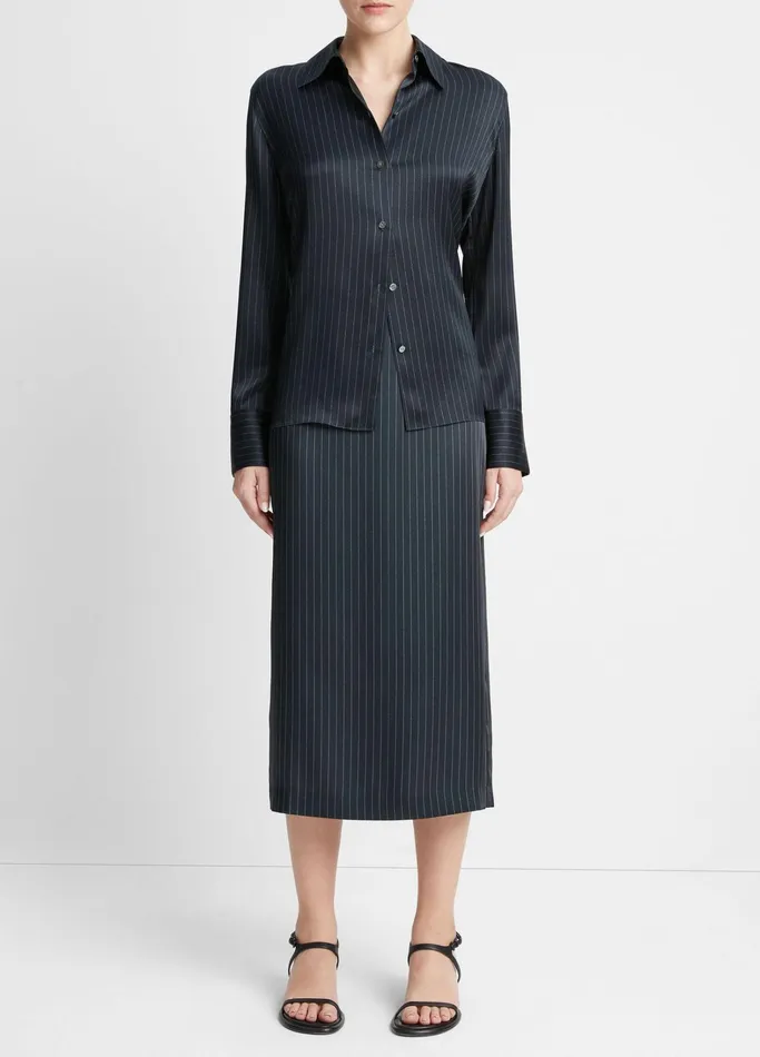 Vince Shirts and Tops Women Pinstripe Silk Slim LongSleeve Shirt Dark Obsidian