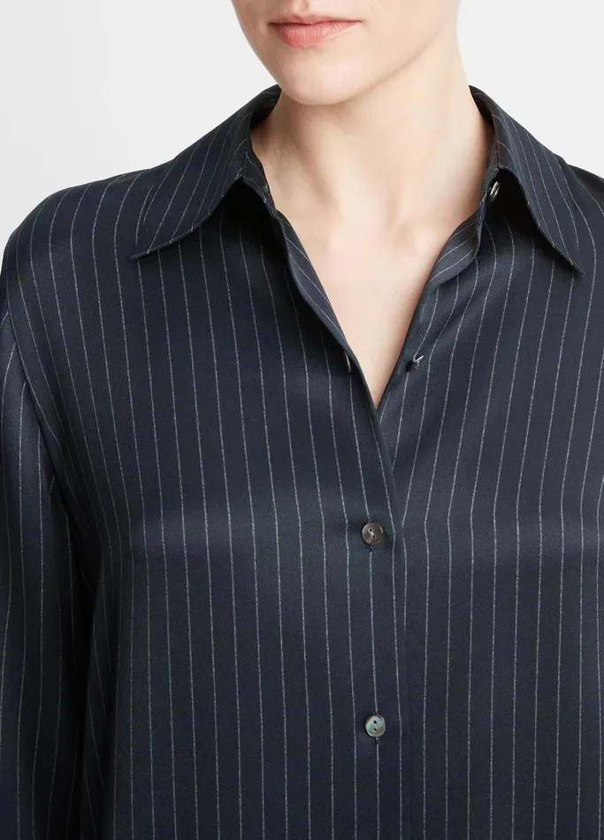 Vince Shirts and Tops Women Pinstripe Silk Slim LongSleeve Shirt Dark Obsidian