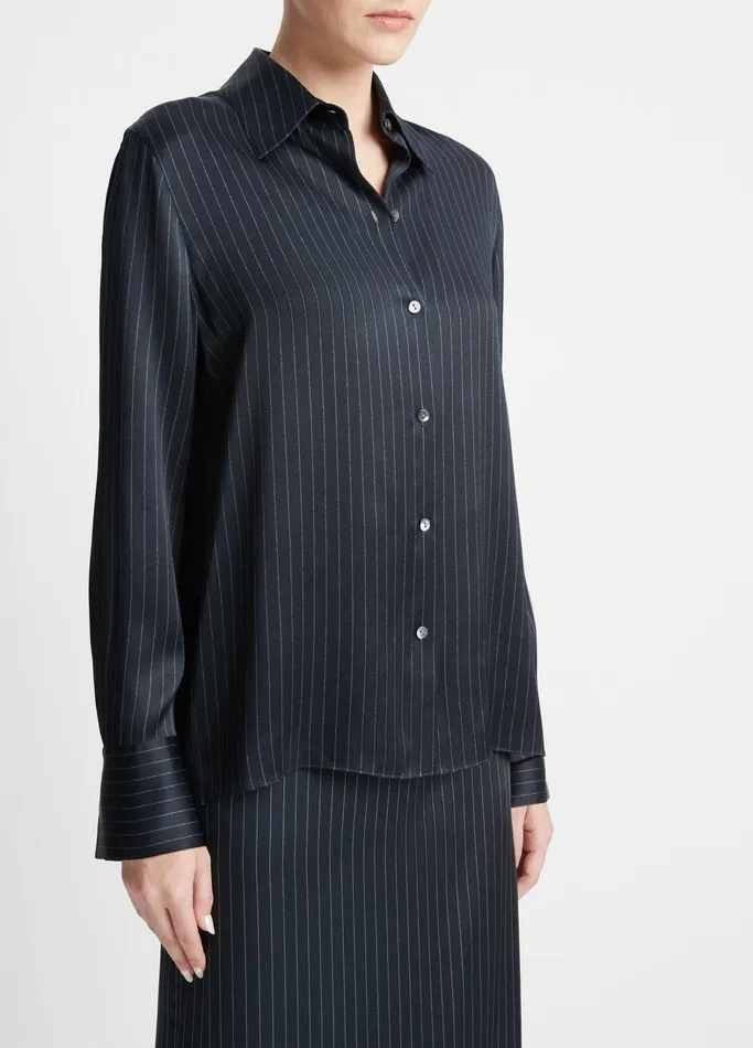 Vince Shirts and Tops Women Pinstripe Silk Slim LongSleeve Shirt Dark Obsidian