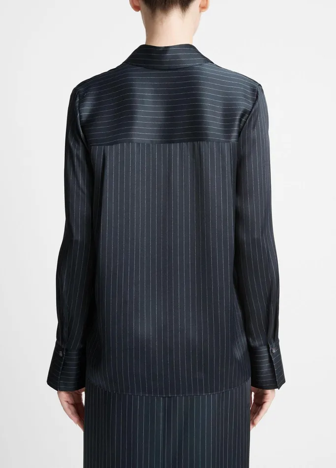 Vince Shirts and Tops Women Pinstripe Silk Slim LongSleeve Shirt Dark Obsidian