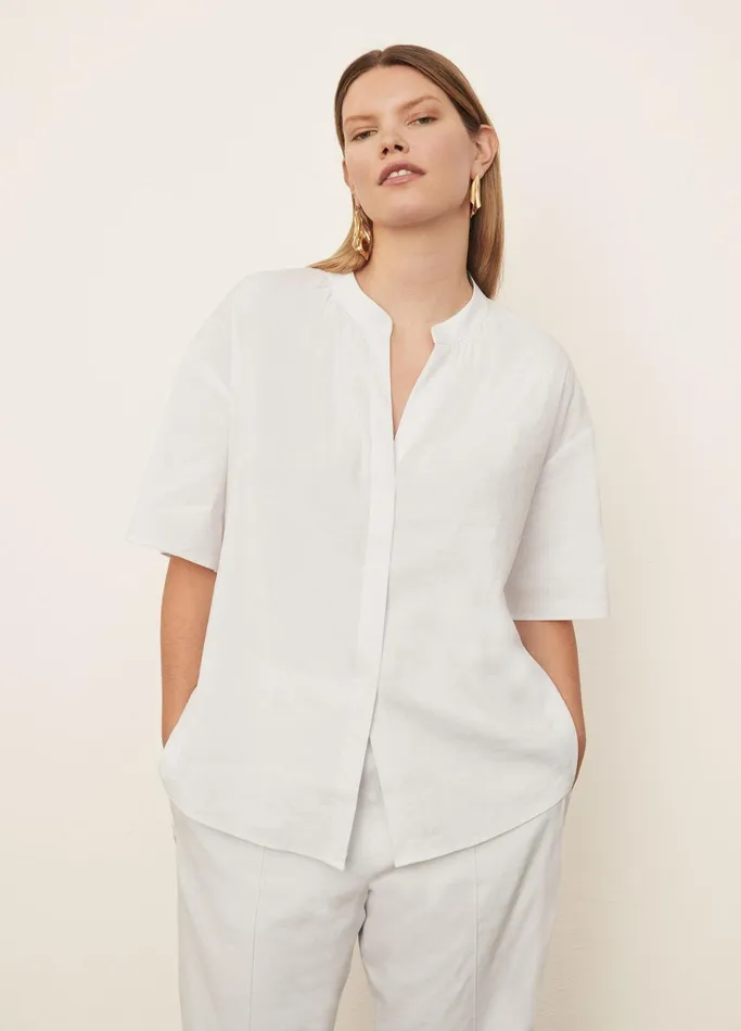Vince Shirts and Tops Women Short Sleeve Shirred Band Collar Blouse Optic White
