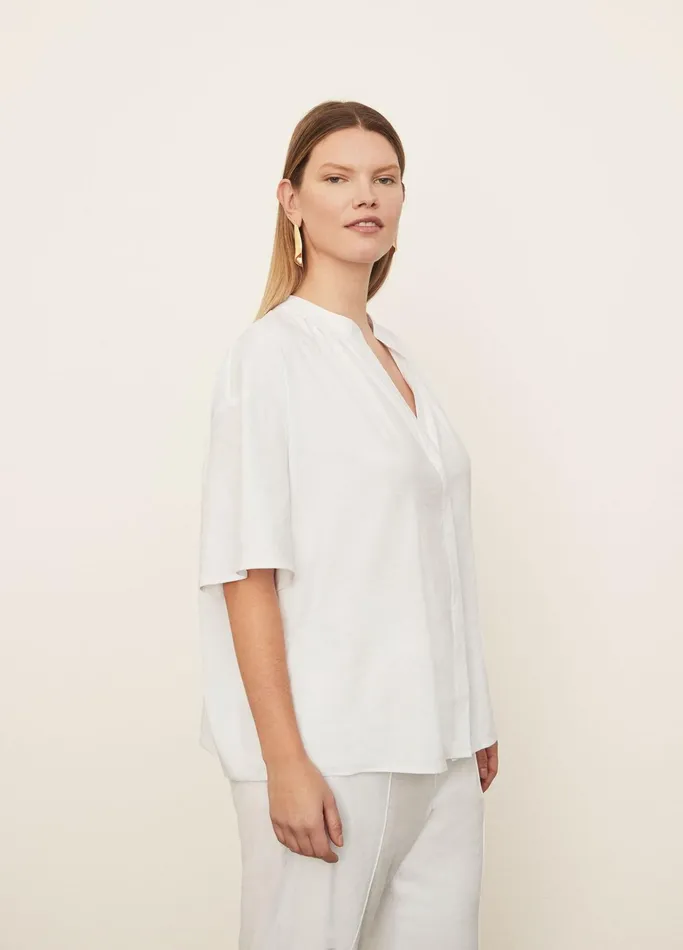Vince Shirts and Tops Women Short Sleeve Shirred Band Collar Blouse Optic White