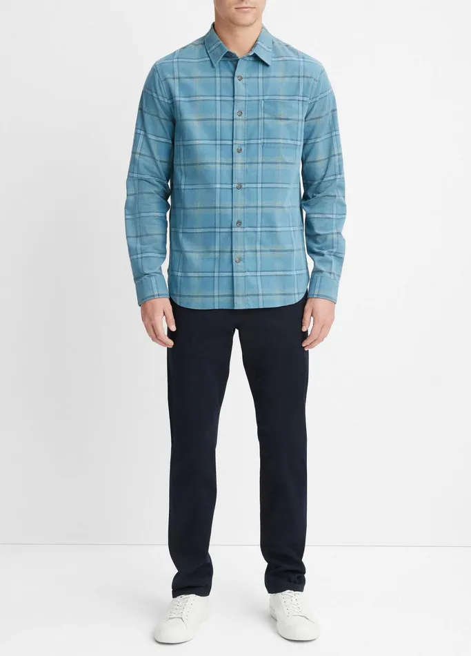 Vince Shirts Men Plaid Cotton Corduroy Shirt Blue Linesandstone