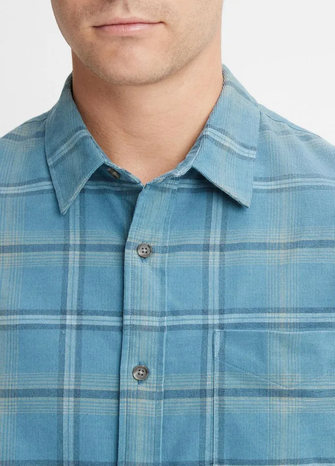 Vince Shirts Men Plaid Cotton Corduroy Shirt Blue Linesandstone