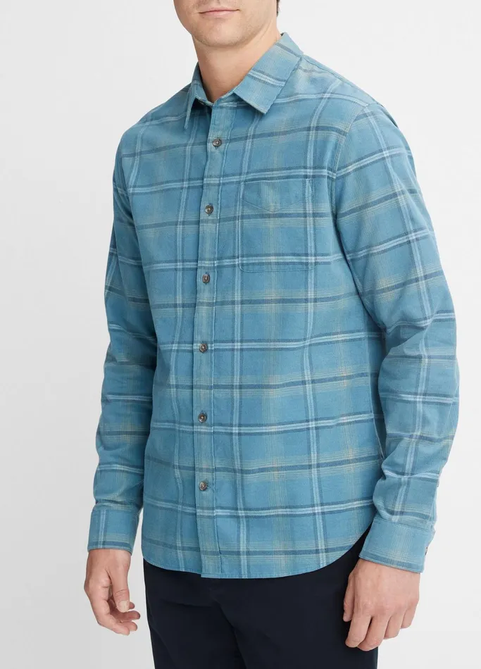Vince Shirts Men Plaid Cotton Corduroy Shirt Blue Linesandstone