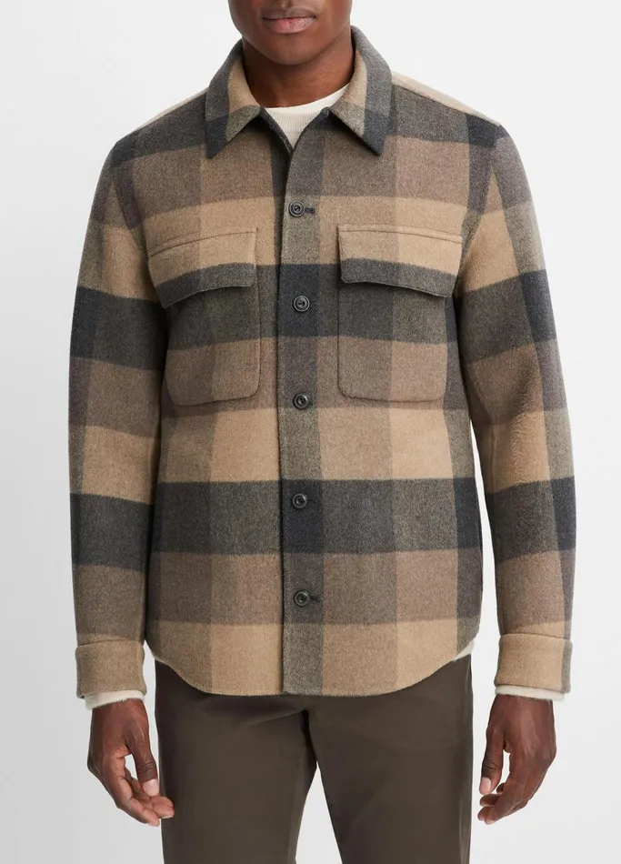 Vince Shirts Men Plaid Splittable WoolBlend Shirt Jacket Warm Pewter