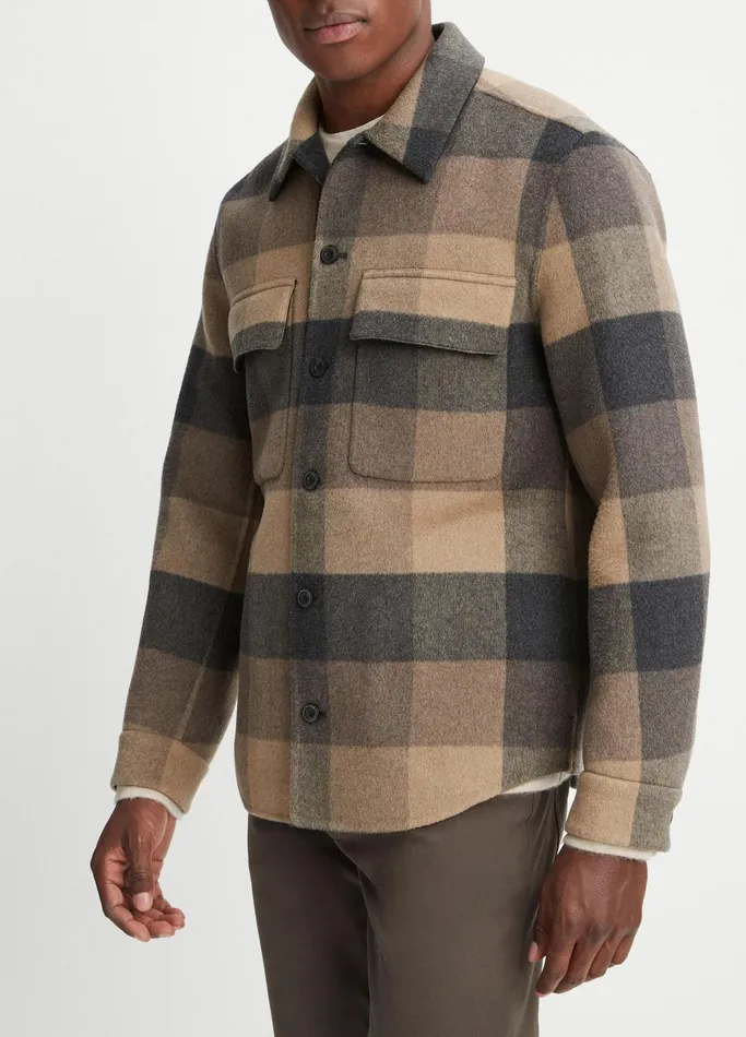 Vince Shirts Men Plaid Splittable WoolBlend Shirt Jacket Warm Pewter