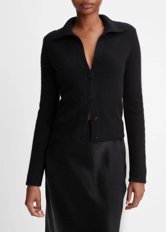 Vince Sweaters Women Plush Cashmere Polo Cardigan Black