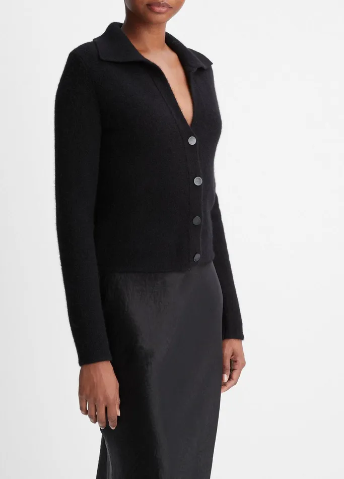 Vince Sweaters Women Plush Cashmere Polo Cardigan Black