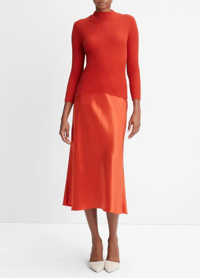Vince Sweaters Women Ribbed CashmereSilk Mock Neck Sweater Vermillion
